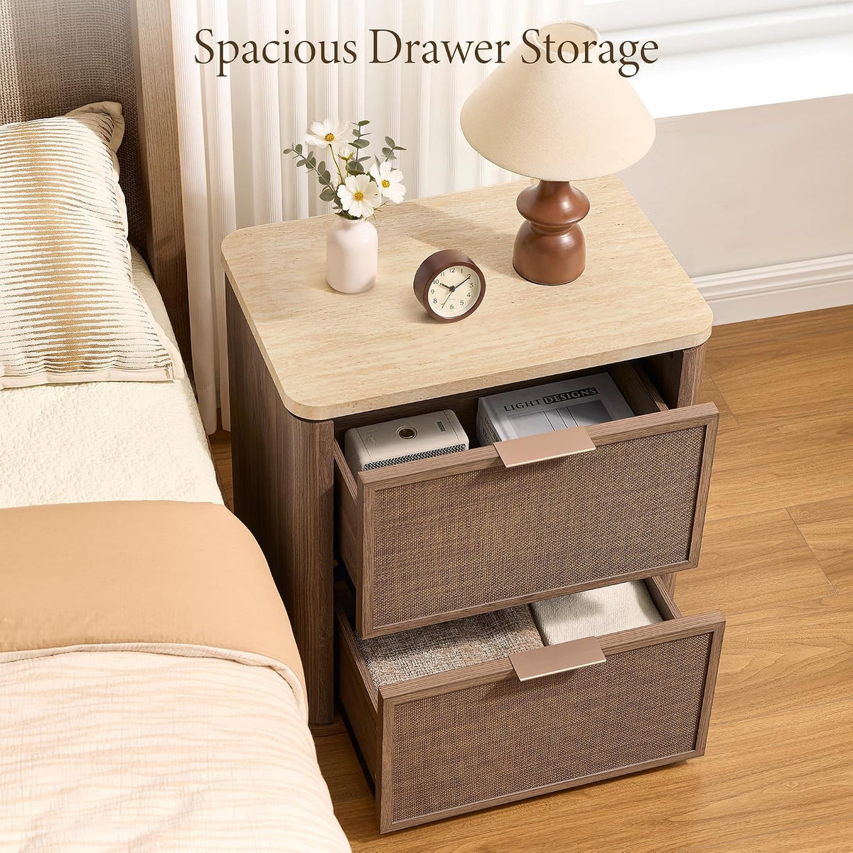 Night Stand Set 2, Rattan Nightstand with 2 Drawers