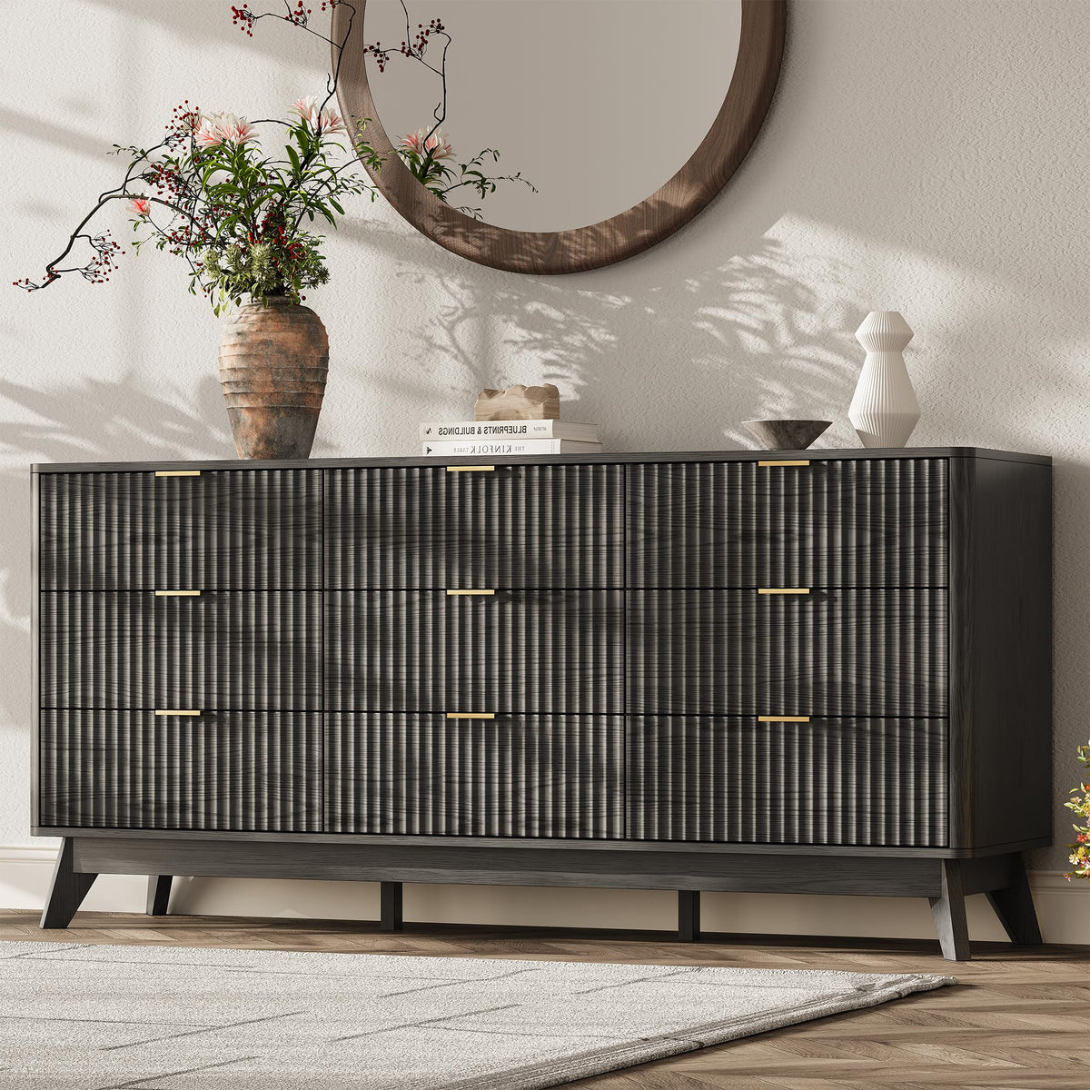 63" Wide Fluted 9 Drawers Dresser for Bedroom,Curved Edge,Oak