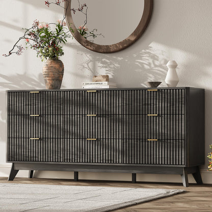 63" Wide Fluted 9 Drawers Dresser for Bedroom,Curved Edge,Oak