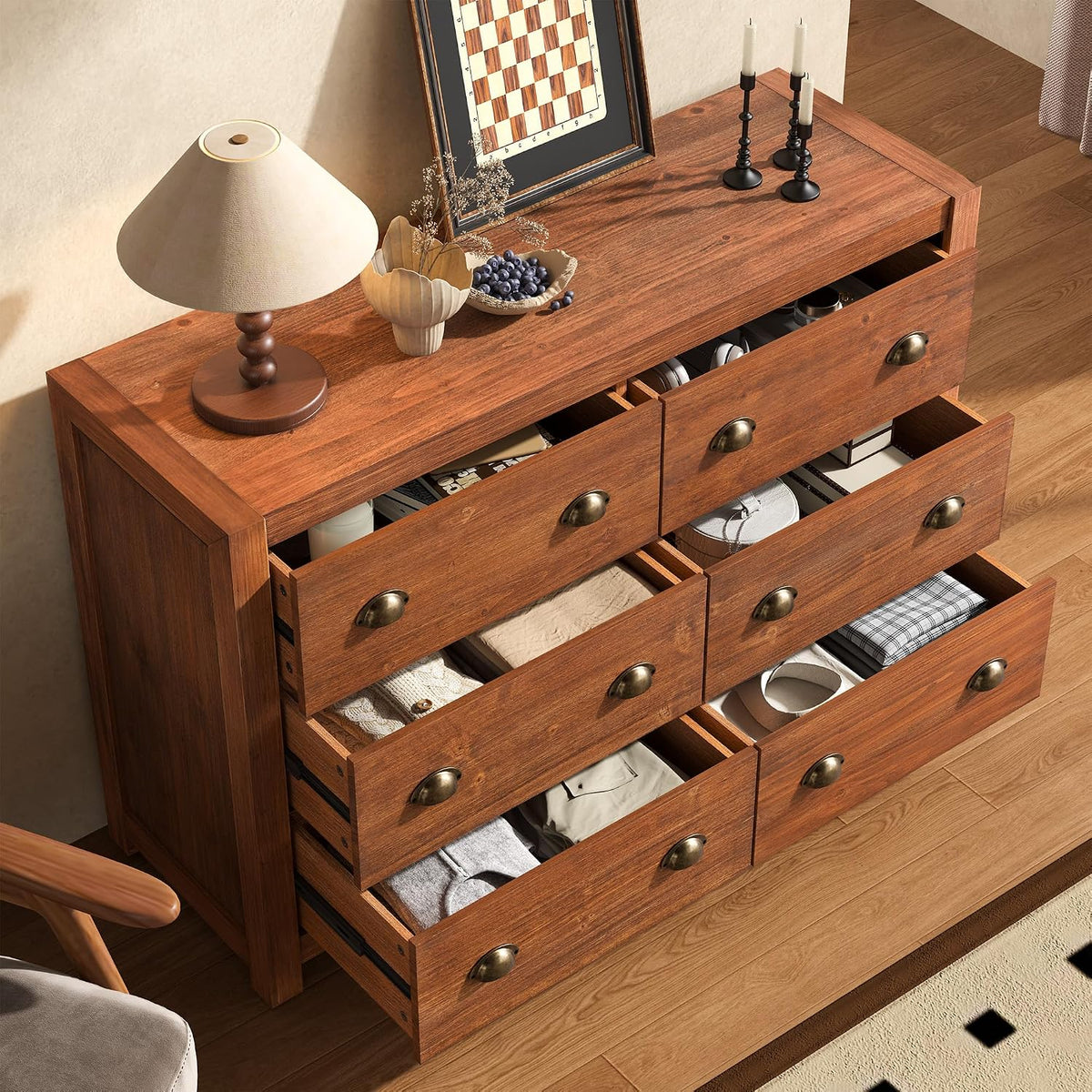 Vintage 6 Drawer Dresser, Solid Wood Frame Construction, Wood Veneer Finish with Rustic Grain Texture, Chest of Drawers Storage Cabinet for Bedroom and Living Room, Dark Walnut