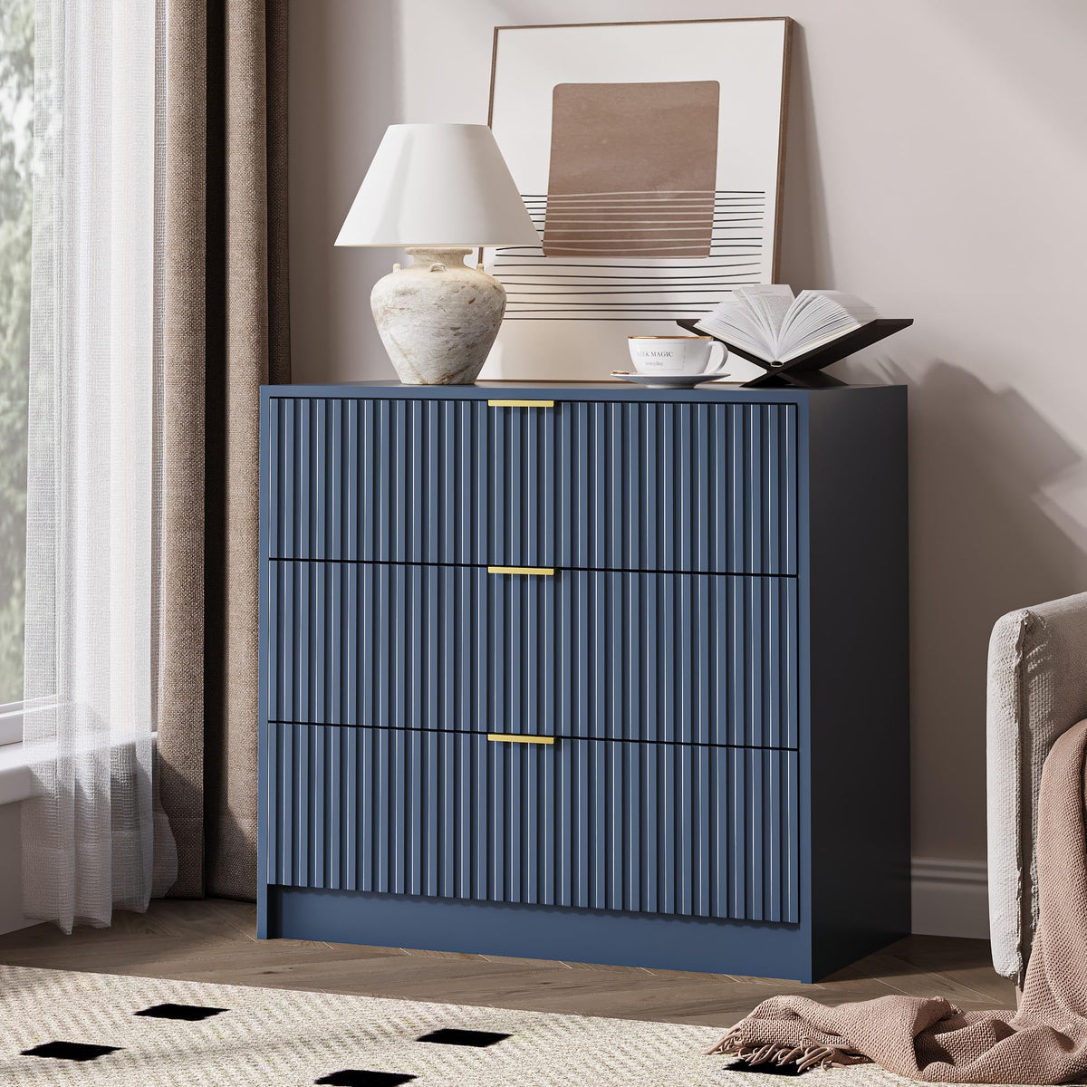 MAISONARIA 55" Wide Fluted 6-Drawer Double Dresser for Bedroom, Black