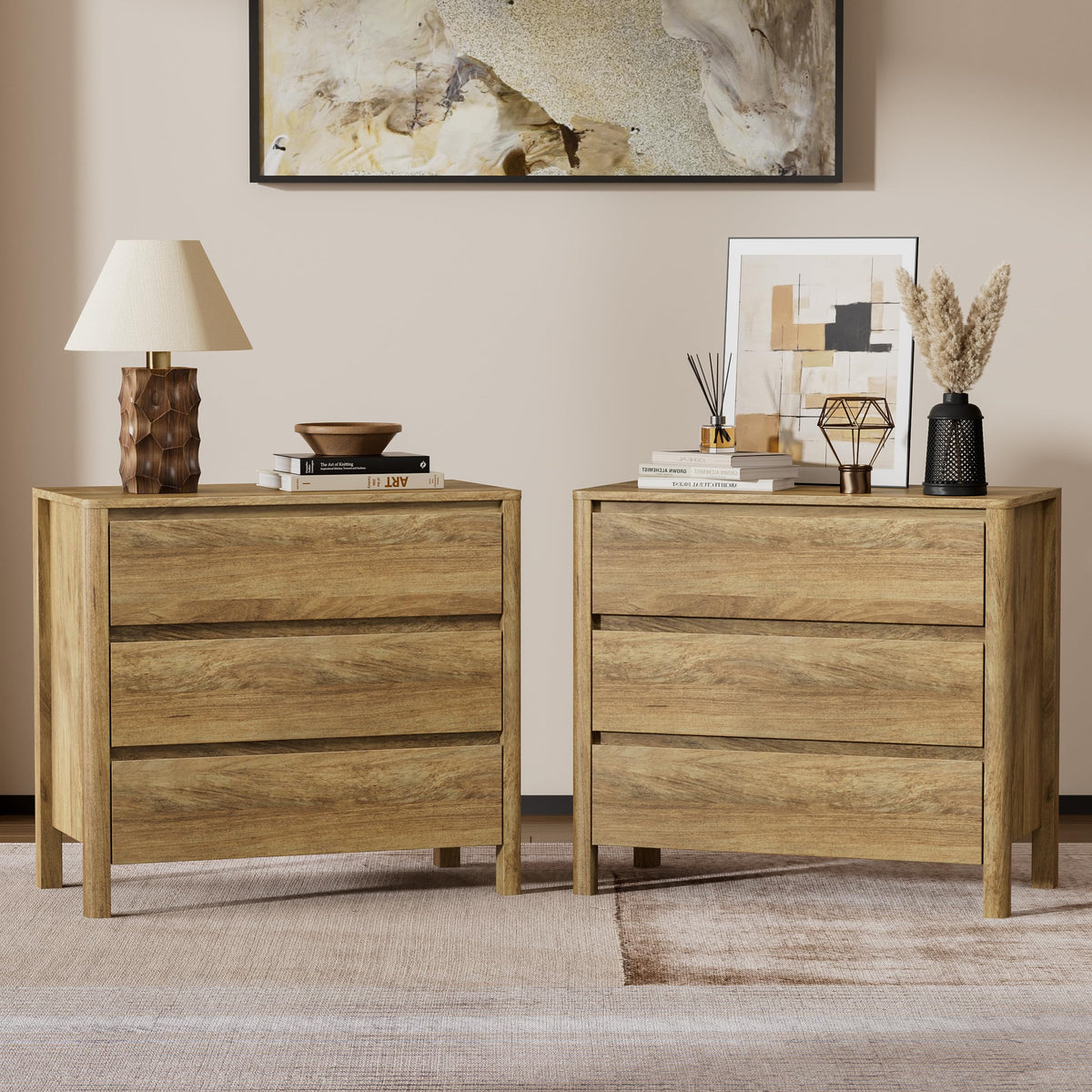 Furniway Set of 2 Modern Curved Nightstand with 2 Drawers, Push-to-Open Wooden Bedside Table, Minimalist End Table for Bedroom, Black