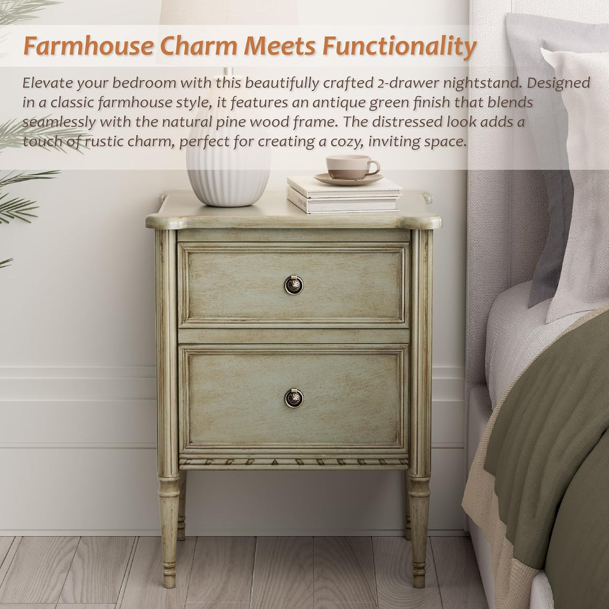 COZAYH Farmhouse 2 Drawer Nightstand with Hidden Drawer, Antique Green Finish, Solid Pine Wood with MDF Drawers, Almost Fully Assembled