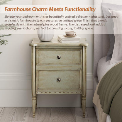 COZAYH Farmhouse 2 Drawer Nightstand with Hidden Drawer, Antique Green Finish, Solid Pine Wood with MDF Drawers, Almost Fully Assembled