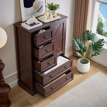 SOOWERY Farmhouse Dresser for Bedroom, Tall Chest of Drawers, Dark Cherry