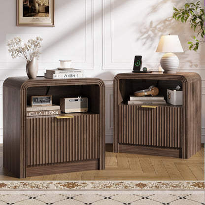 Decofy 23'' Wide Fluted Nightstand Set of 2 with Charging Station, Walnut