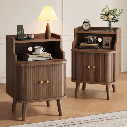 Decofy Mid Century Modern Nightstand Set of 2, Charging Station, Walnut
