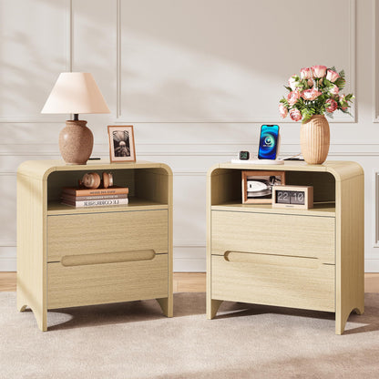 Decofy Nightstand Set of 2 with Charging Station & 2 Hidden Drawers, Walnut