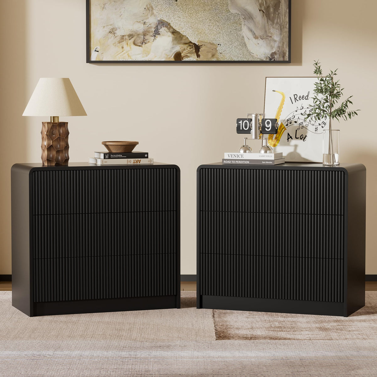 Furniway Set of 2 Modern Curved Nightstand with 2 Drawers, Push-to-Open Wooden Bedside Table, Minimalist End Table for Bedroom, Black