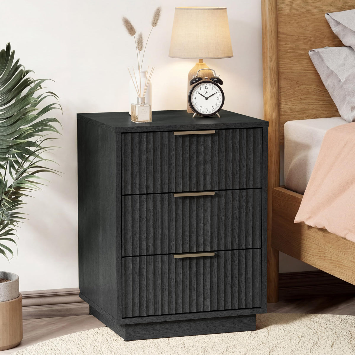 RoyalCraft Black Fluted Nightstand Set of 2, Modern Bedside Table with 3 Large Storage Drawers, Wood End Table with Metal Handle for Bedroom, Black