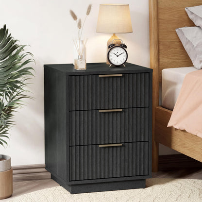 RoyalCraft Black Fluted Nightstand Set of 2, Modern Bedside Table with 3 Large Storage Drawers, Wood End Table with Metal Handle for Bedroom, Black