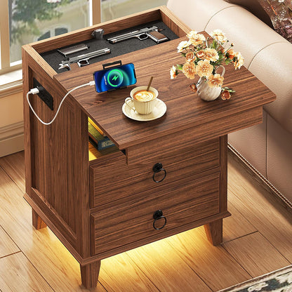 Yusong LED Night Stand with Gun Drawer, Bedside Table with Charging Station, Sofa Couch End Side Table with with 2 Drawers ＆Open Shelf for Bedroom, Brown