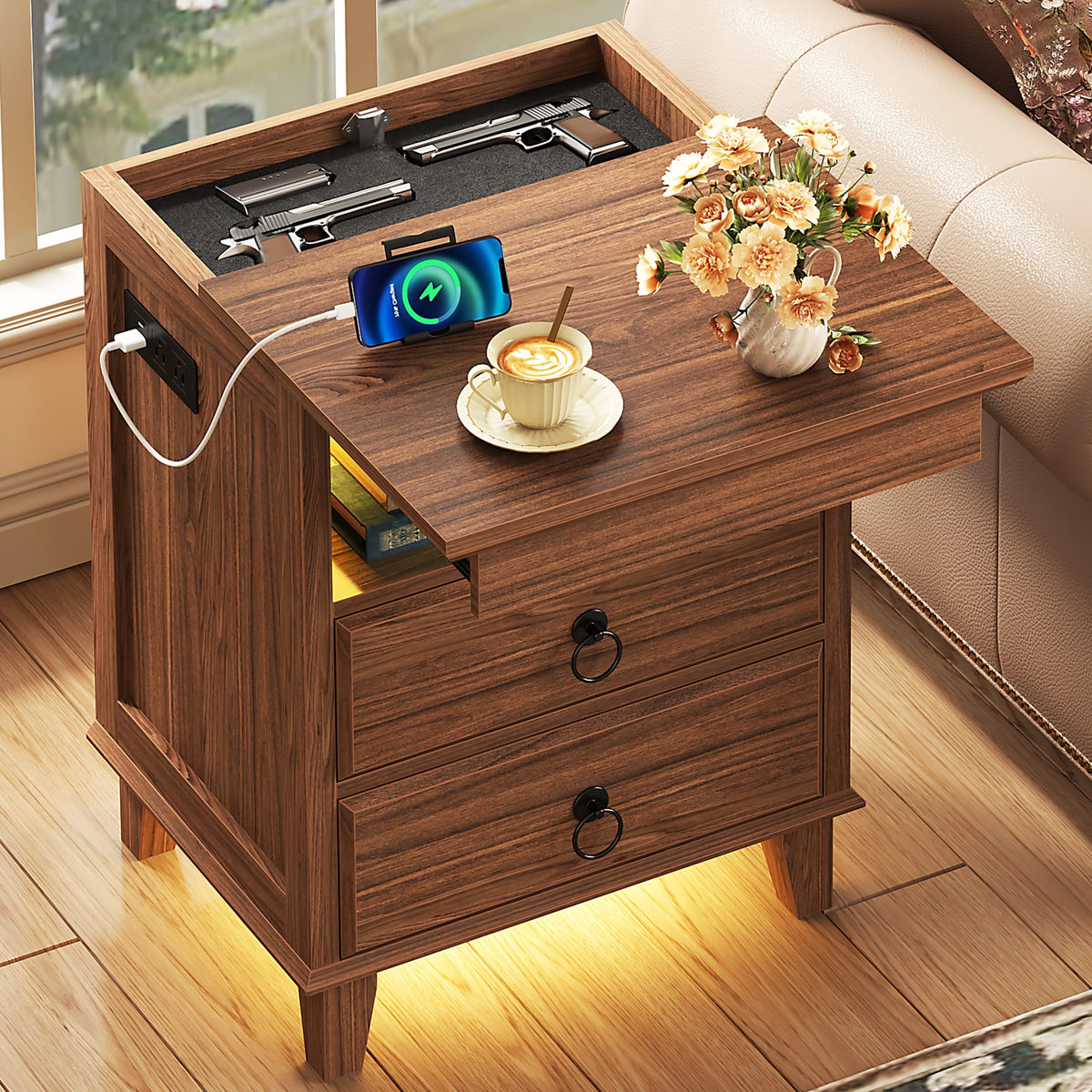 Yusong LED Night Stand with Gun Drawer, Bedside Table with Charging Station, Sofa Couch End Side Table with with 2 Drawers ＆Open Shelf for Bedroom, Brown