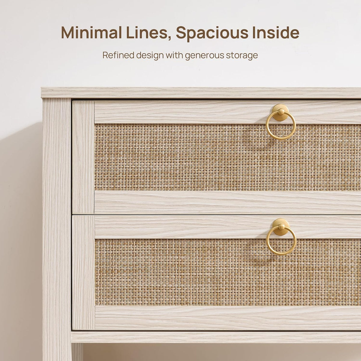 SICOTAS White Rattan Nightstand Set of 2, Wide Bedside Table with 2 Drawers