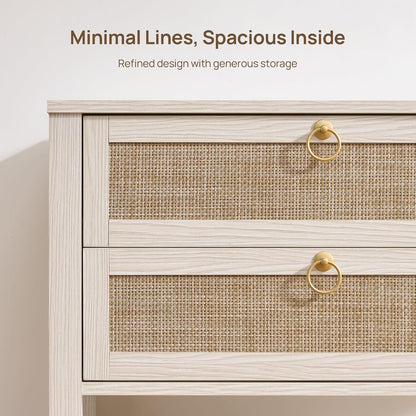 SICOTAS White Rattan Nightstand Set of 2, Wide Bedside Table with 2 Drawers