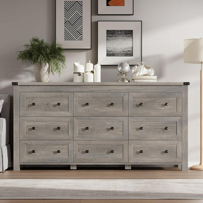 BORNOON 9-Drawer Dresser, Modern Wooden Storage Chest of Drawers, Dresser TV Stand, Wood Drawer Organizer with Metal Handles for Bedroom, Living Room, Hallway