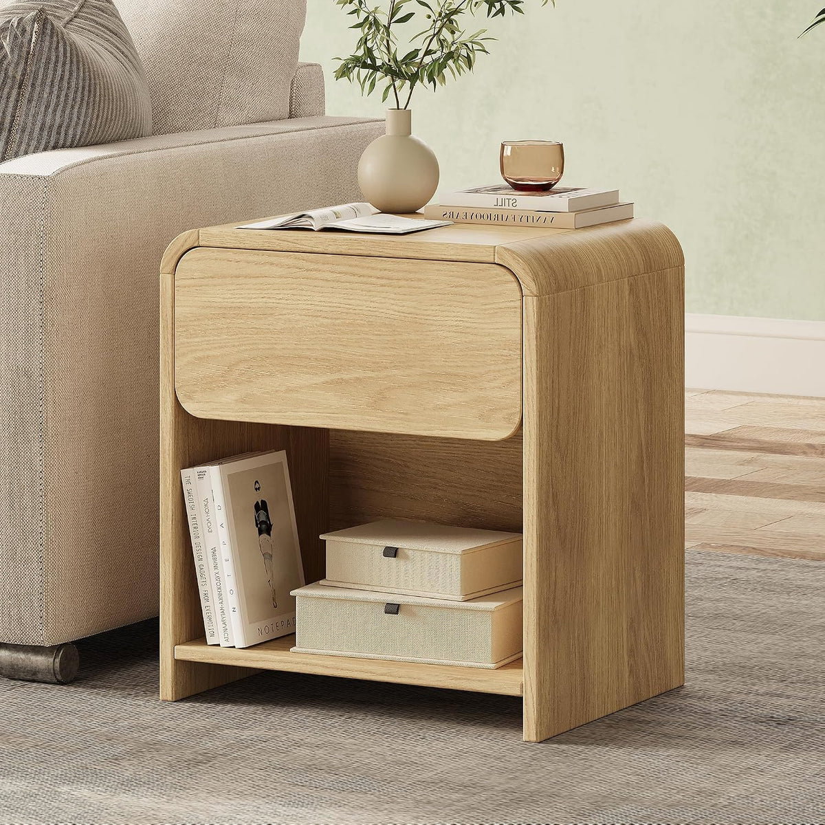 Modern Curved Nightstands Set of 2 with Open Shelf,Natural Oak
