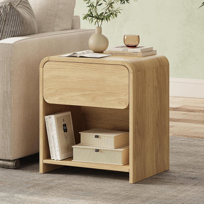 Modern Curved Nightstands Set of 2 with Open Shelf,Natural Oak