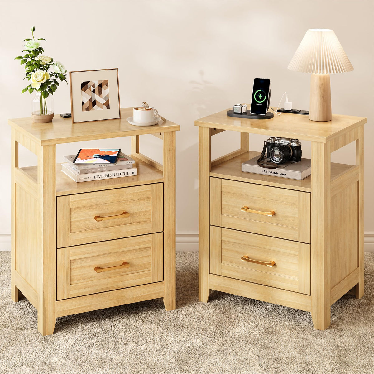 Decofy Farmhouse 2-Drawer Nightstand Set of 2 with Charging Station, White