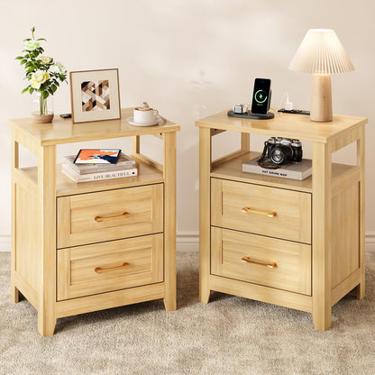 Decofy Farmhouse 2-Drawer Nightstand Set of 2 with Charging Station, White