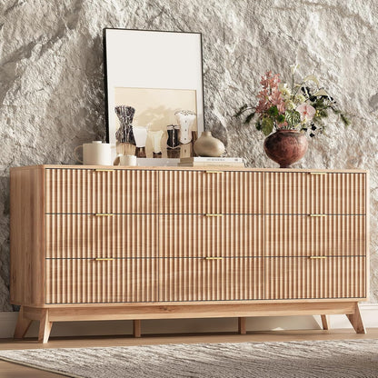 63" Wide Fluted 9 Drawers Dresser for Bedroom,Curved Edge,Oak