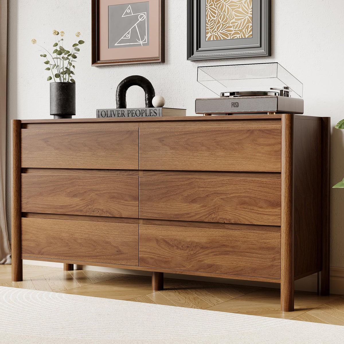 HOUROM Walnut Dresser for Bedroom,63"Wide 9 Drawer Mid Century Modern Chest