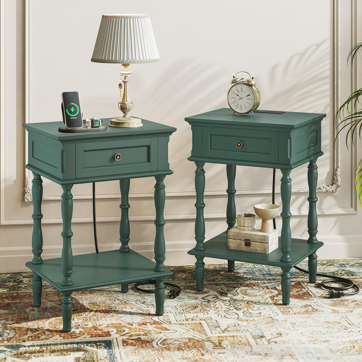 ARTPOWER Nightstands Set of 2 with Charging Station & Storage Shelf, Blue