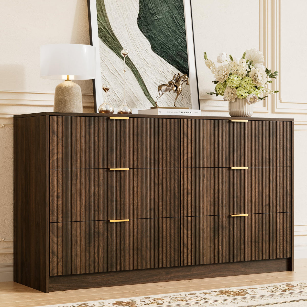 Furniway 55" Wide Green Dresser for Bedroom, Fluted 8 Drawer Dresser