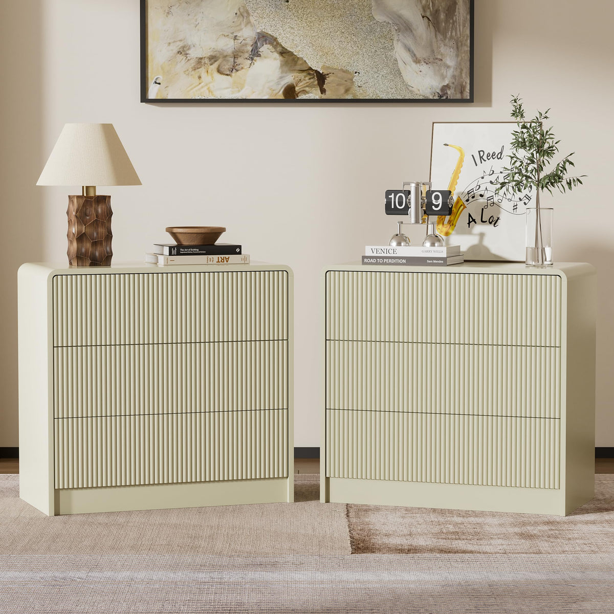 Furniway Set of 2 Modern Curved Nightstand with 2 Drawers, Push-to-Open Wooden Bedside Table, Minimalist End Table for Bedroom, Black