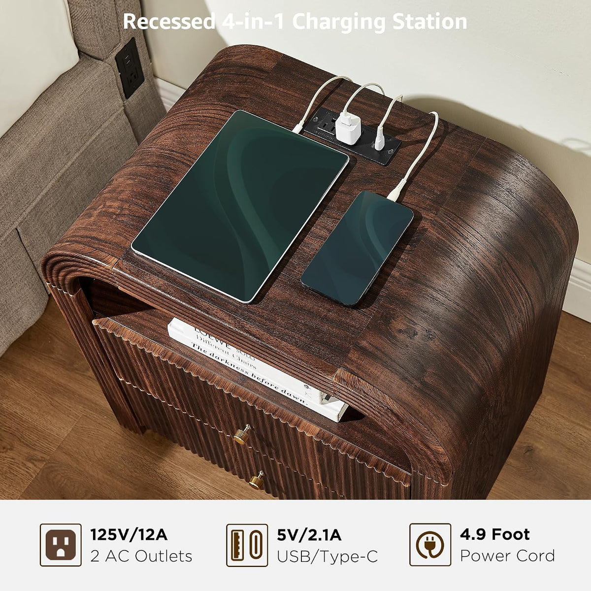 T4TREAM 24" Fluted Nightstand Set of 2 with Charging Station, Dark Walnut