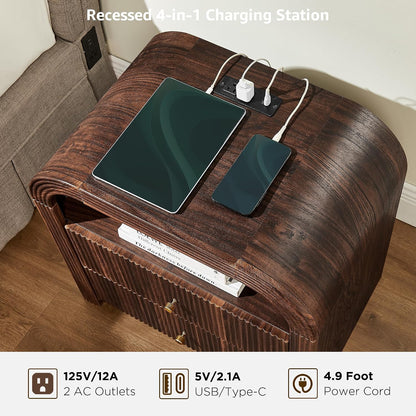 T4TREAM 24" Fluted Nightstand Set of 2 with Charging Station, Dark Walnut