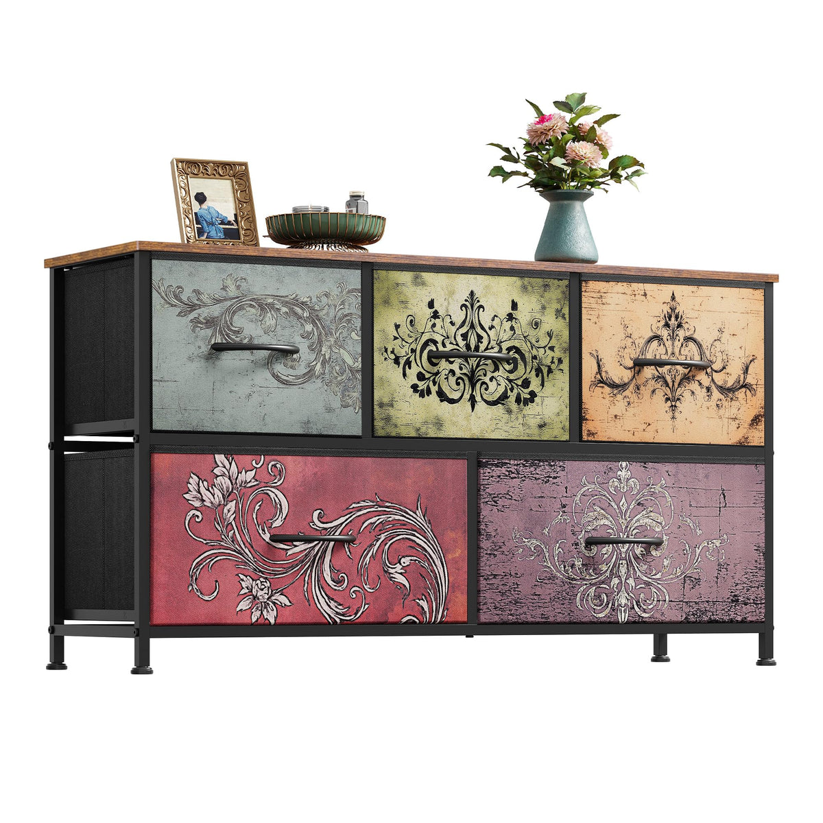 WLIVE Wide Dresser for Bedroom, 5 Drawer Chest of Drawers, Dark Grey