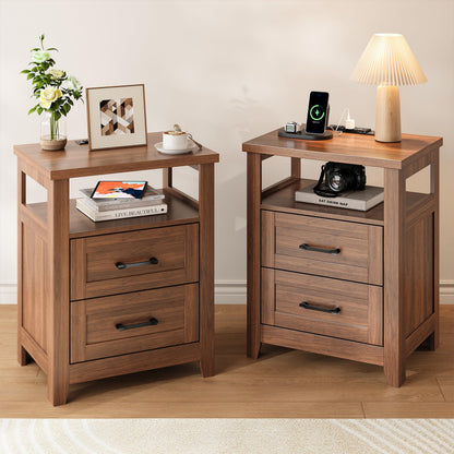 Decofy Farmhouse 2-Drawer Nightstand Set of 2 with Charging Station, White