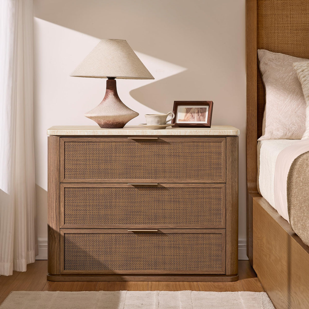 Night Stand Set 2, Rattan Nightstand with 2 Drawers