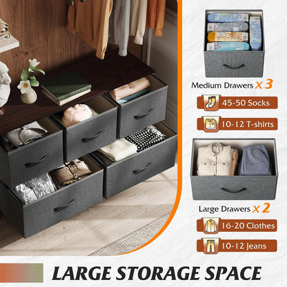 WLIVE Wide Dresser for Bedroom, 5 Drawer Chest of Drawers, Dark Grey