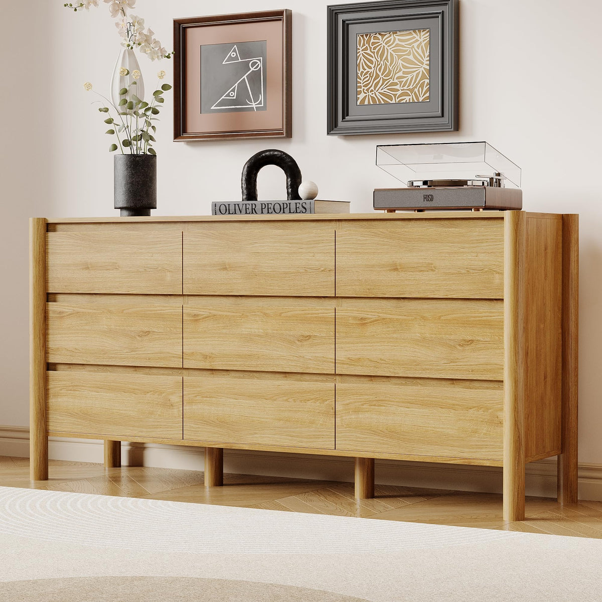 HOUROM Walnut Dresser for Bedroom,63"Wide 9 Drawer Mid Century Modern Chest
