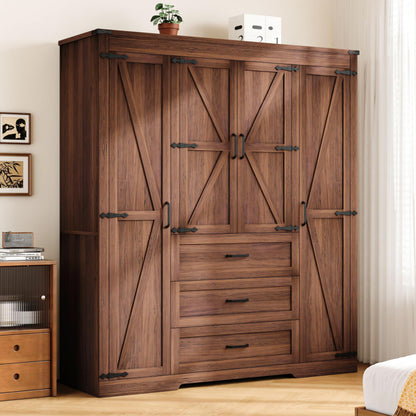 3 Door Armoire Wardrobe Closet Cabinet with 3 Drawers and Drawers, Farmhouse Bedroom Armoire with Hanging Rod and Adjustable Shelves, Large Capacity Storage Wardrobe Armoire for Bedroom, Brown