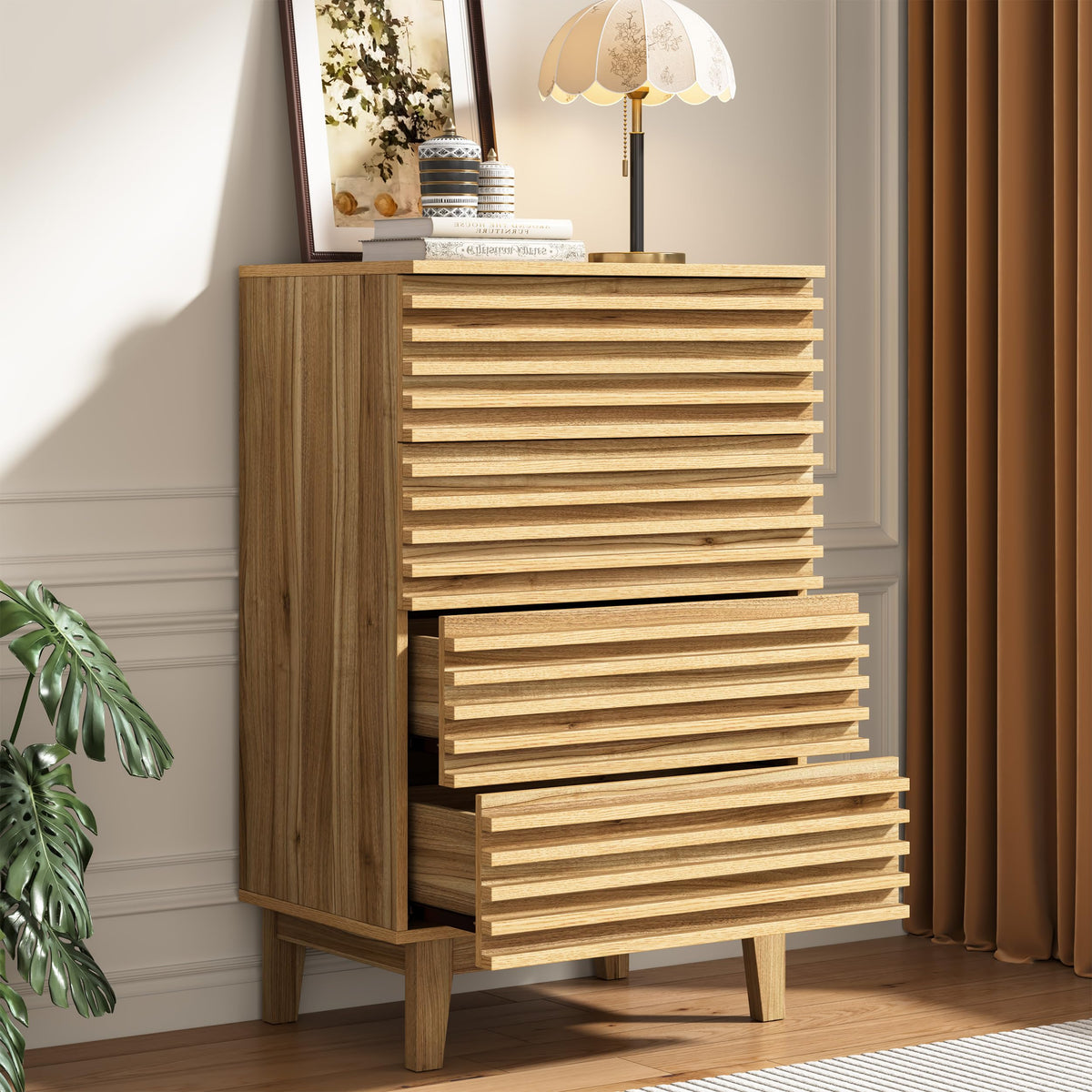 Vintage 6 Drawer Dresser, Solid Wood Frame Construction, Wood Veneer Finish with Rustic Grain Texture, Chest of Drawers Storage Cabinet for Bedroom and Living Room, Dark Walnut