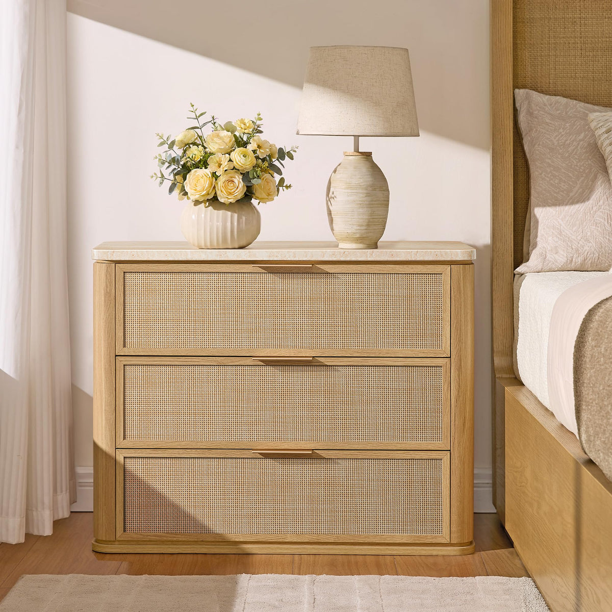 Night Stand Set 2, Rattan Nightstand with 2 Drawers