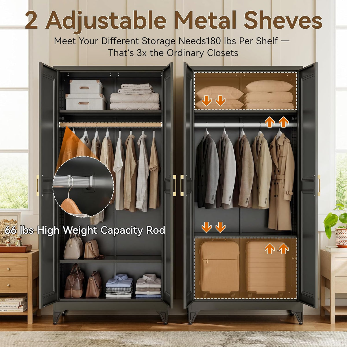 71" Black Metal Armoire Wardrobe Closet with Panel Doors