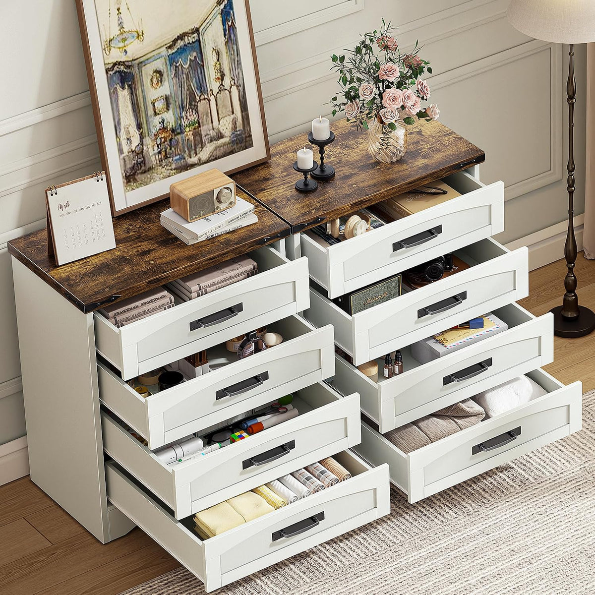 Decofy Farmhouse 4 Drawers Dresser for Bedroom, Walnut & White