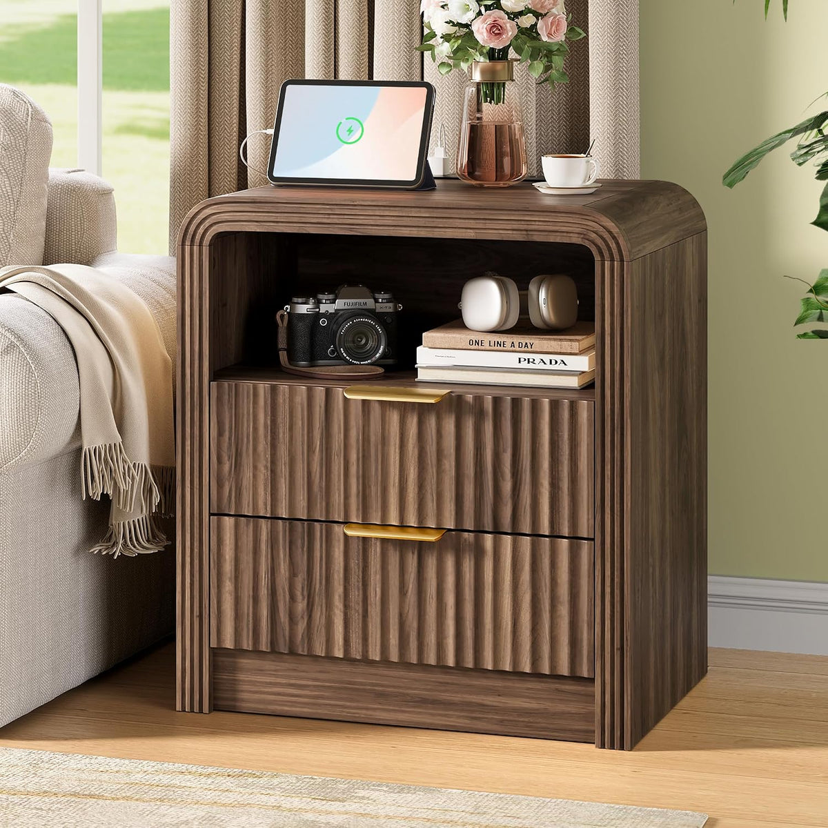 Decofy Fluted Nightstand Set of 2 with Charging Station, 2 Drawers, Walnut