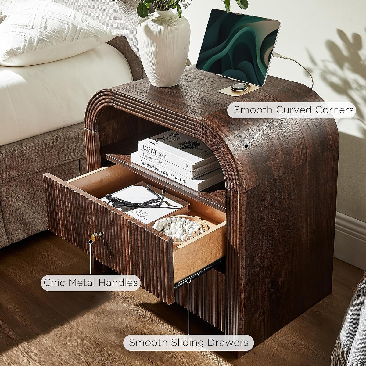 T4TREAM 24" Fluted Nightstand Set of 2 with Charging Station, Dark Walnut