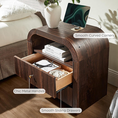 T4TREAM 24" Fluted Nightstand Set of 2 with Charging Station, Dark Walnut