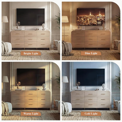 Curved 9-Drawer Dresser for Bedroom, 63" Wide Modern Chest of Drawers, Vanity Desk TV Stand for Living Room, Closet Storage Drawers Organizer Furniture, Nursery, Hallway, Gray Oak