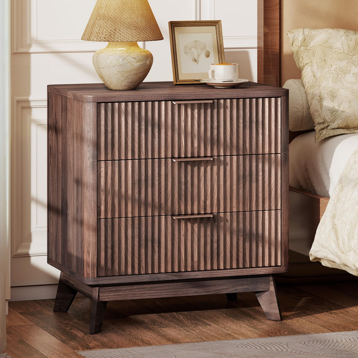 Turosur 24" Wide Fluted Nightstand with 3 Drawers for Bedroom, Oak