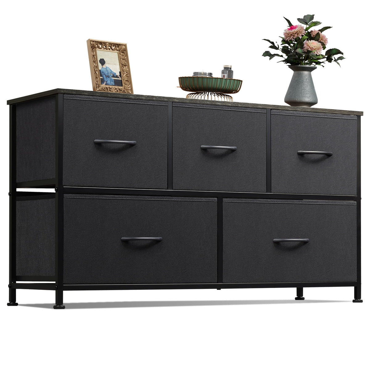 WLIVE Wide Dresser for Bedroom, 5 Drawer Chest of Drawers, Dark Grey