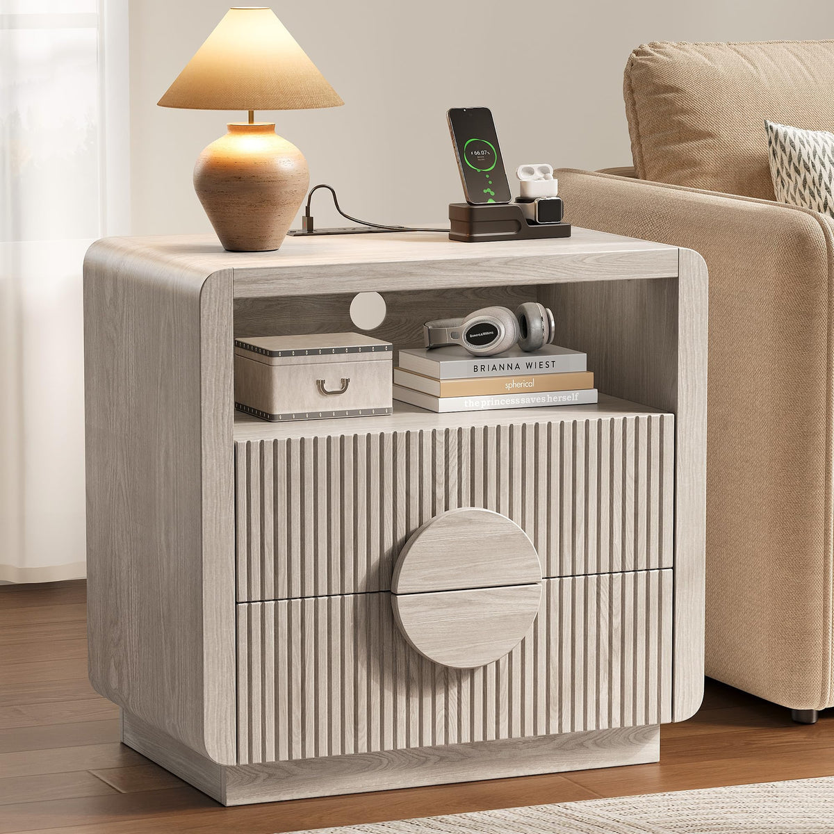 23" Wide Fluted Nightstands Set of 2, Mid Century Bedside Tables with Charging Station, Wood End Table with 2 Drawers and Open Shelf for Bedroom, Home Office, Gray Oak