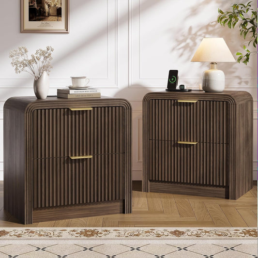 Decofy 23'' Wide Fluted Nightstand Set of 2 with Charging Station, Walnut