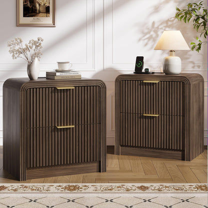 Decofy 23'' Wide Fluted Nightstand Set of 2 with Charging Station, Walnut